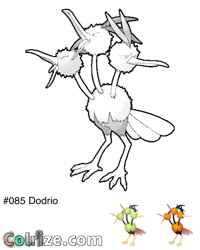 Pokemon Dodrio coloring page + Shiny Dodrio coloring page