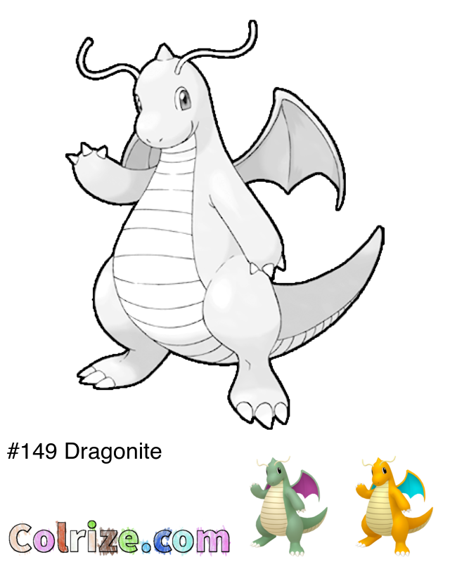 Pokemon Dragonite coloring page + Shiny Dragonite coloring page