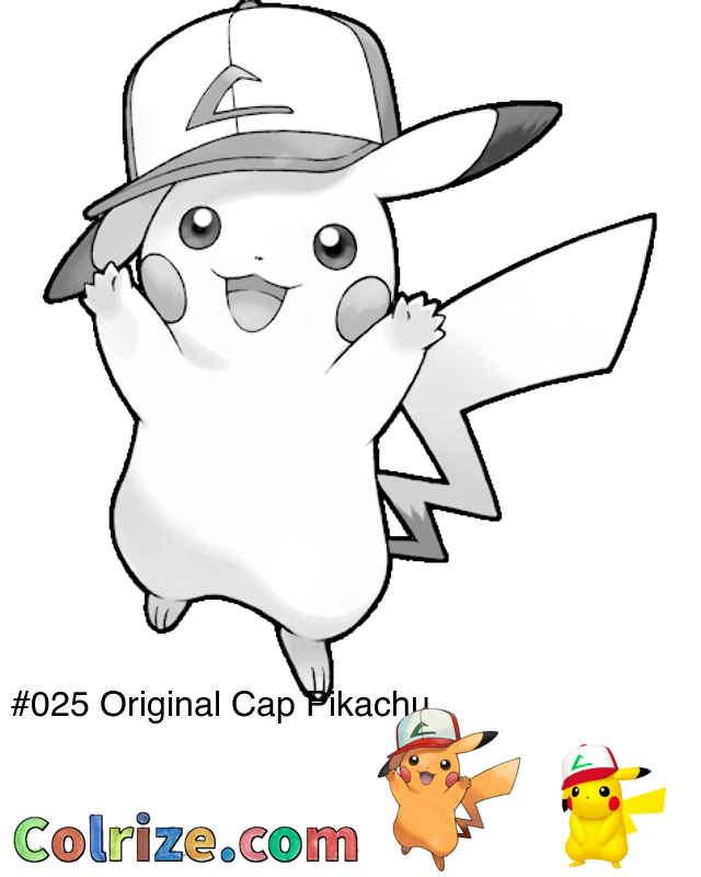 Pokemon Original Cap Pikachu coloring page + Shiny Original Cap Pikachu coloring page