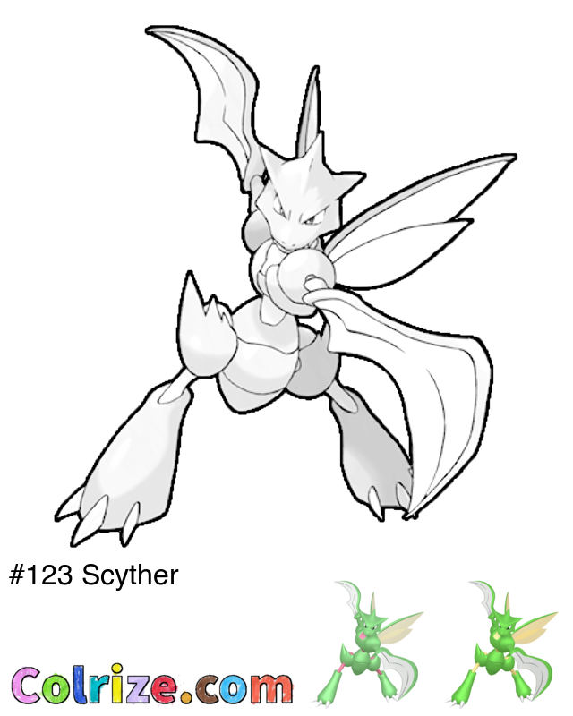 Pokemon Scyther coloring page + Shiny Scyther coloring page