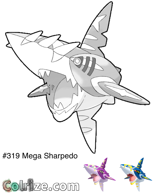 Pokemon Mega Sharpedo coloring page + Shiny Mega Sharpedo coloring page