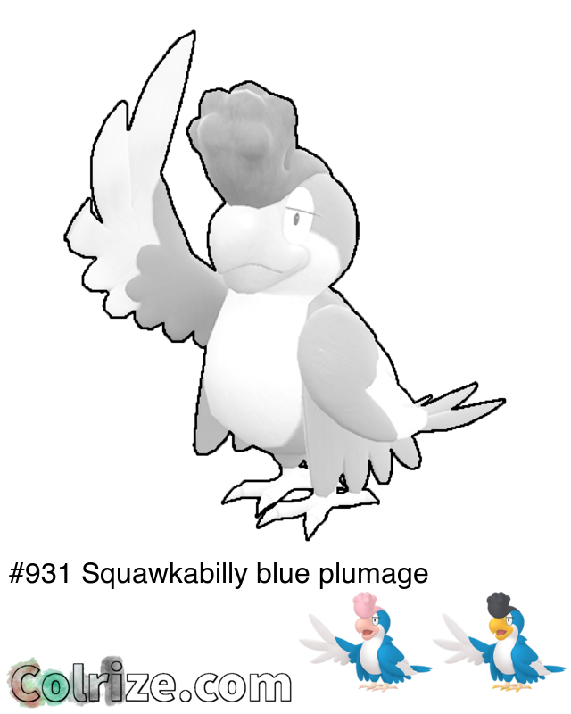 Pokemon Squawkabilly blue plumage coloring page + Shiny Squawkabilly blue plumage coloring page