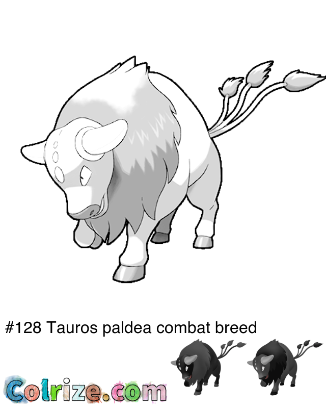 Pokemon Tauros paldea combat breed coloring page + Shiny Tauros paldea combat breed coloring page