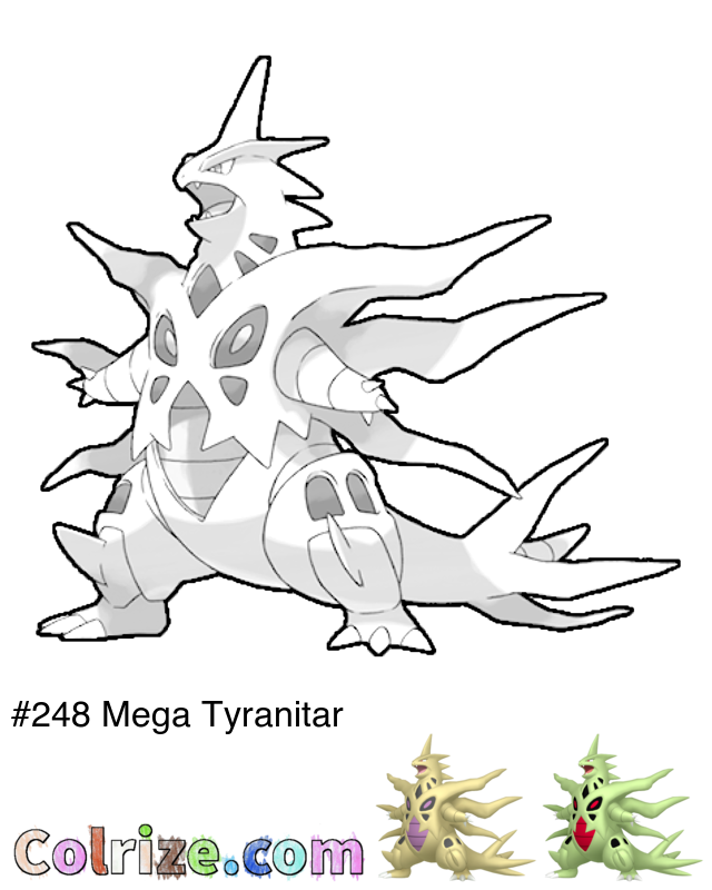 Pokemon Mega Tyranitar coloring page + Shiny Mega Tyranitar coloring page